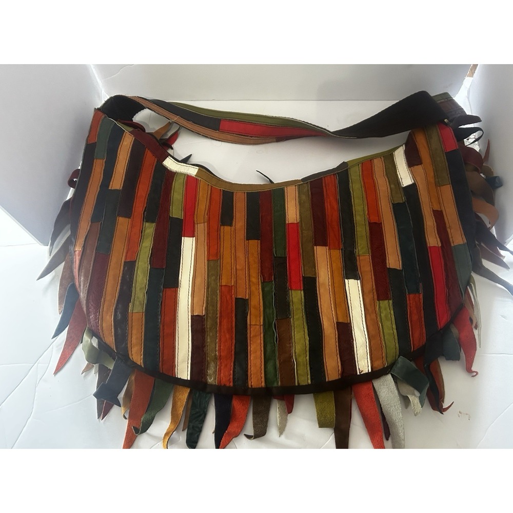 Anthropologie 7 Chi Colorful Leather Fringe Shoulder Bag Boho Hippie  XL j444